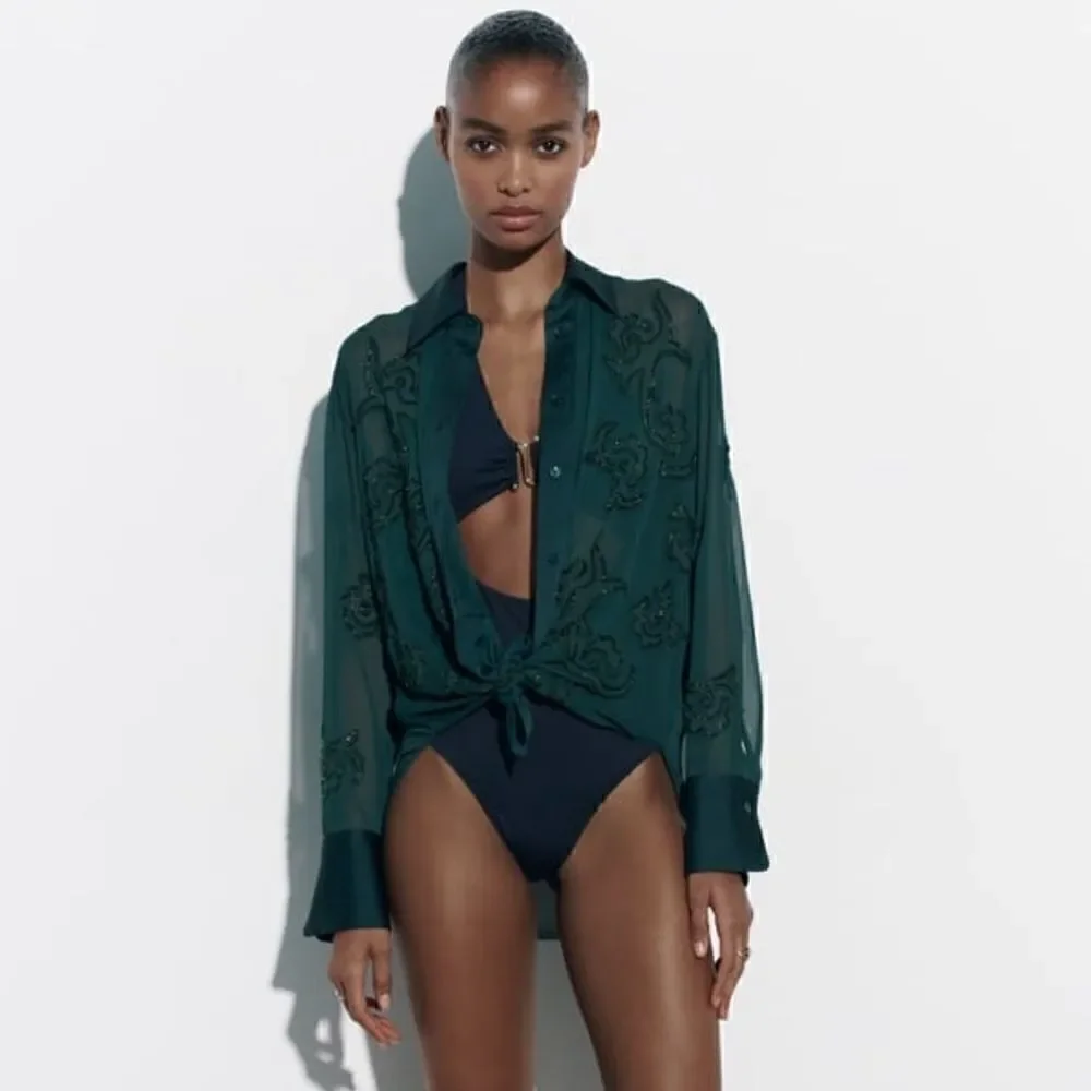 ZARA EMBROIDERED BEADED SEMI-SHEER BLOUSE - Picture 3 of 5